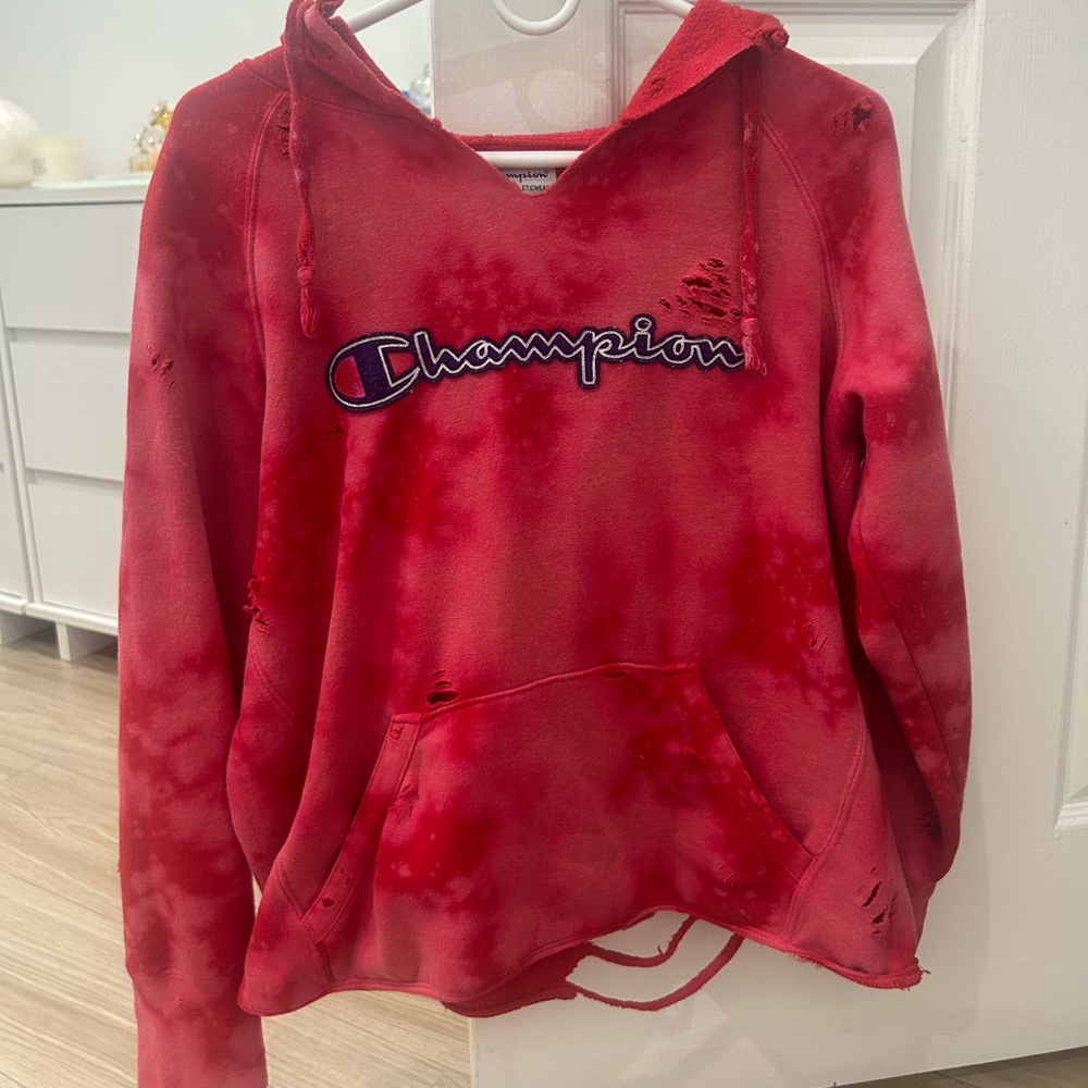 Pink acid washed distressed hoodie